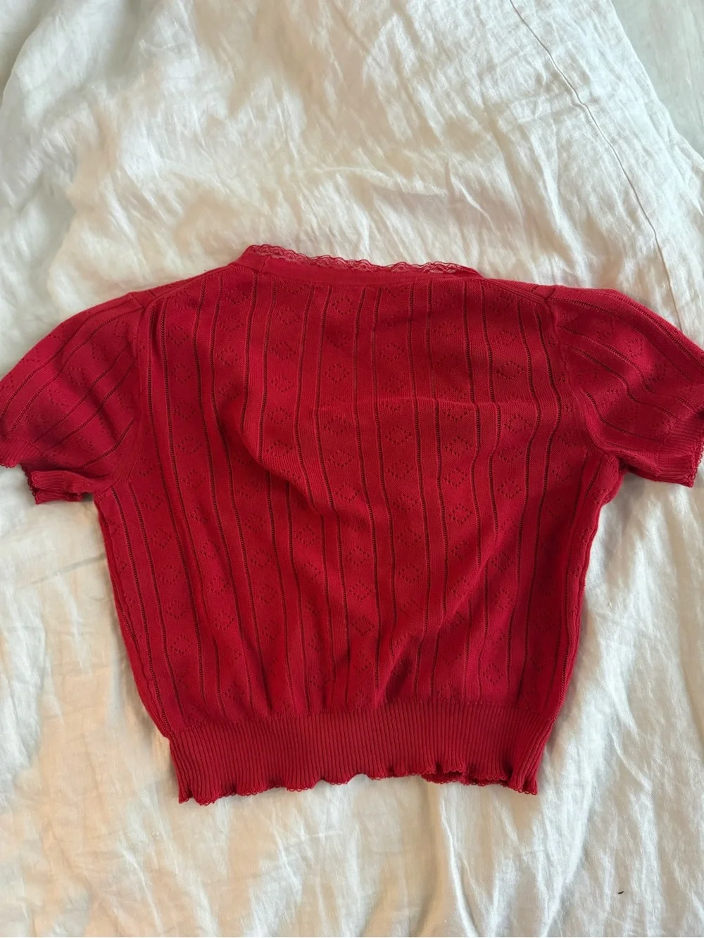 J Crew Pointelle Short Sleeve V Neck Cotton Cardigan with Lace Trim